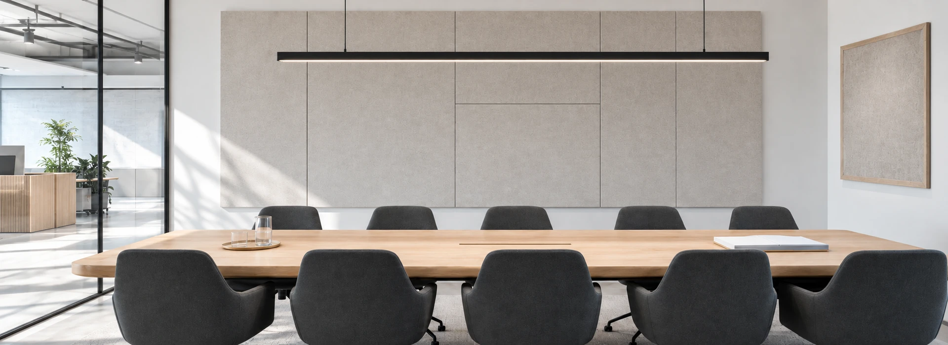 Daylit meeting room with a linear pendant above the conference table