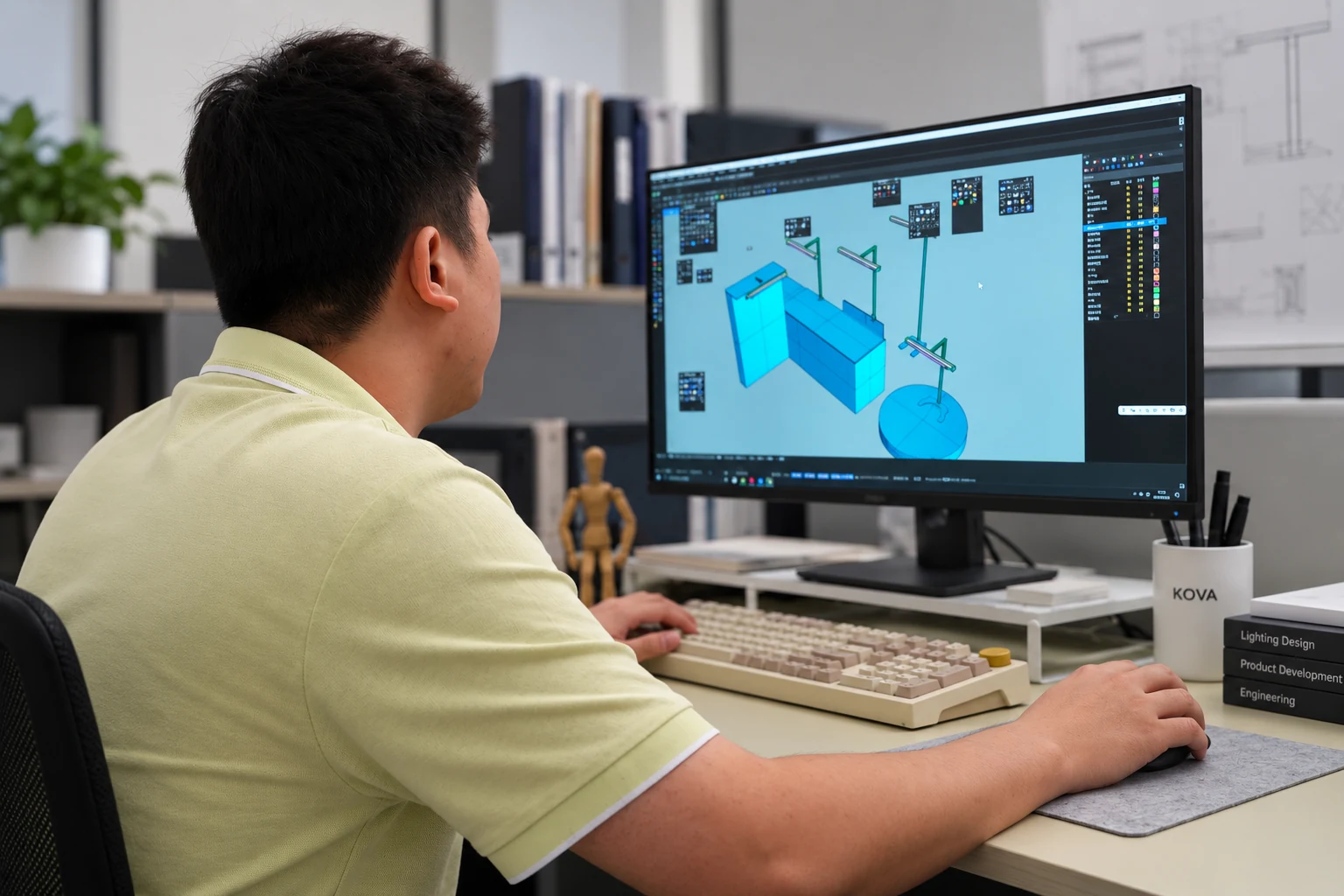 Designer reviewing office floor lamp concepts in CAD software