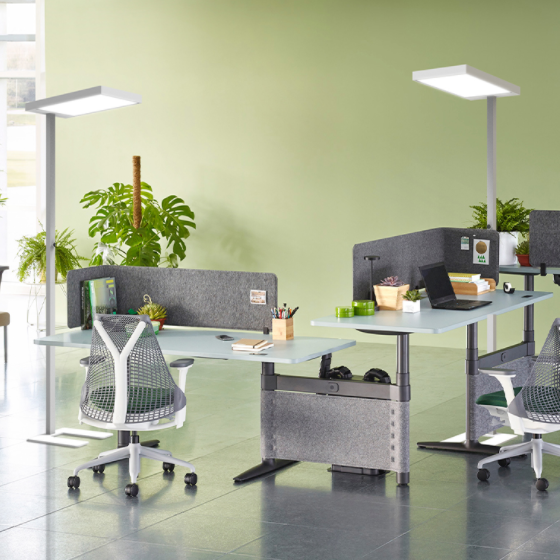 Two square-head luminaires beside shared office desks and partitions