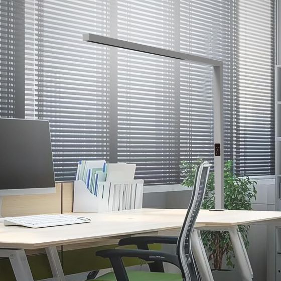 A linear luminaire beside a screen and documents at a window-facing desk