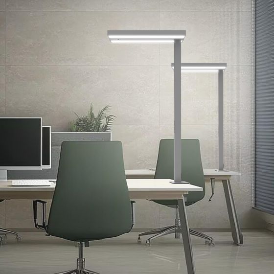 Two desk luminaires above adjacent office workstations