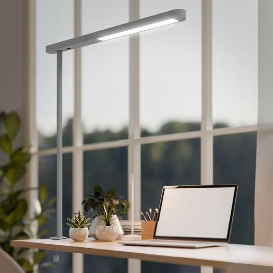 A slim linear luminaire beside a laptop at a window-facing desk