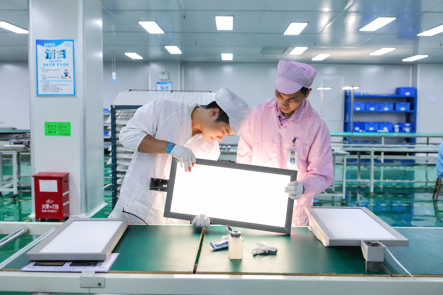 BILLLED Ingenieure prüfen eine professionelle Büroleuchte