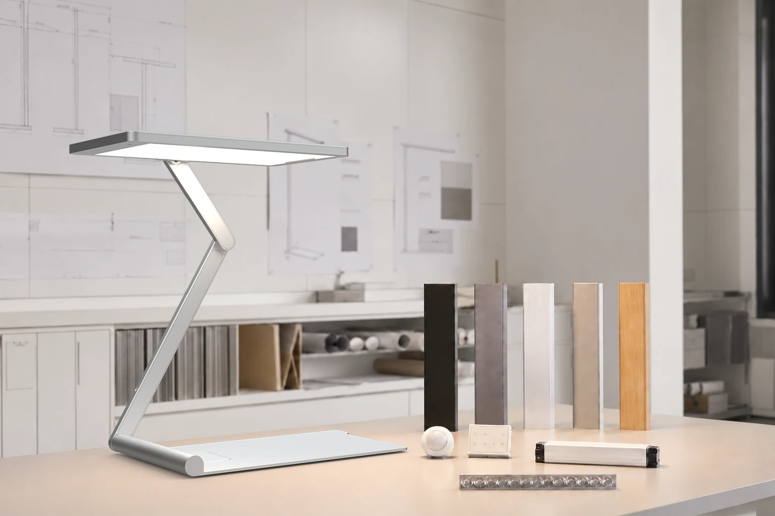 Büroleuchte mit Oberflächenmustern, Sensor, Bedienfeld und LED-Treiber